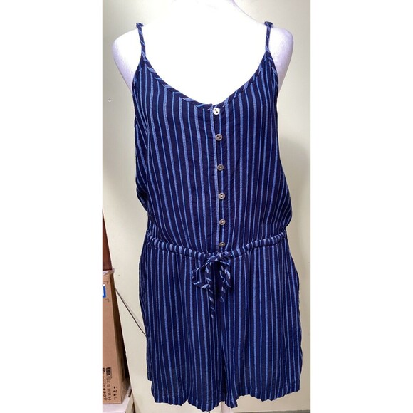 Loft Blue Striped Linen Blend Drawstring Waist Adjustable Strap Romper Size L - Picture 1 of 10